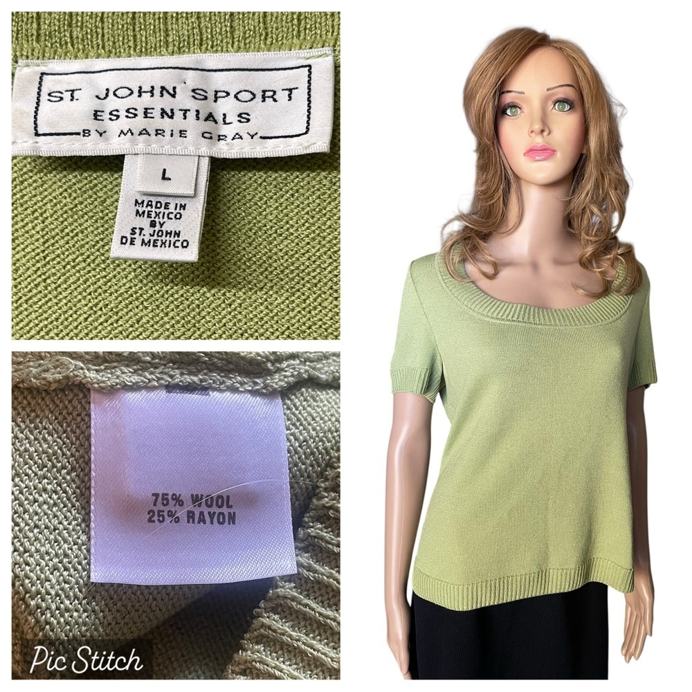 St. John Sport Essentials Light Green Scoop Neck Short Sleeve Sweater size L